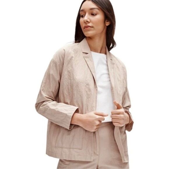 Eileen Fisher Bramble Boxy Crinkle Organic Cotton Steel Blazer Jacket Large Tan - Picture 4 of 15